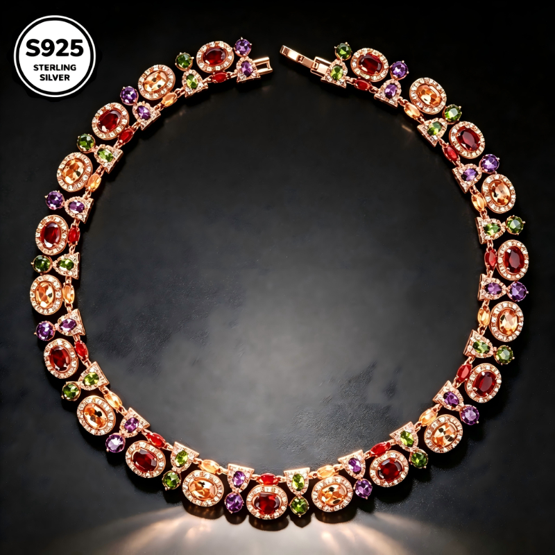TEMU 925 Golden Multicolor Zirconia Statement Necklace, Chunky Fashion Necklace Jewelry, Gift For Valentine's Day Mother's Day Birthday Anniversary