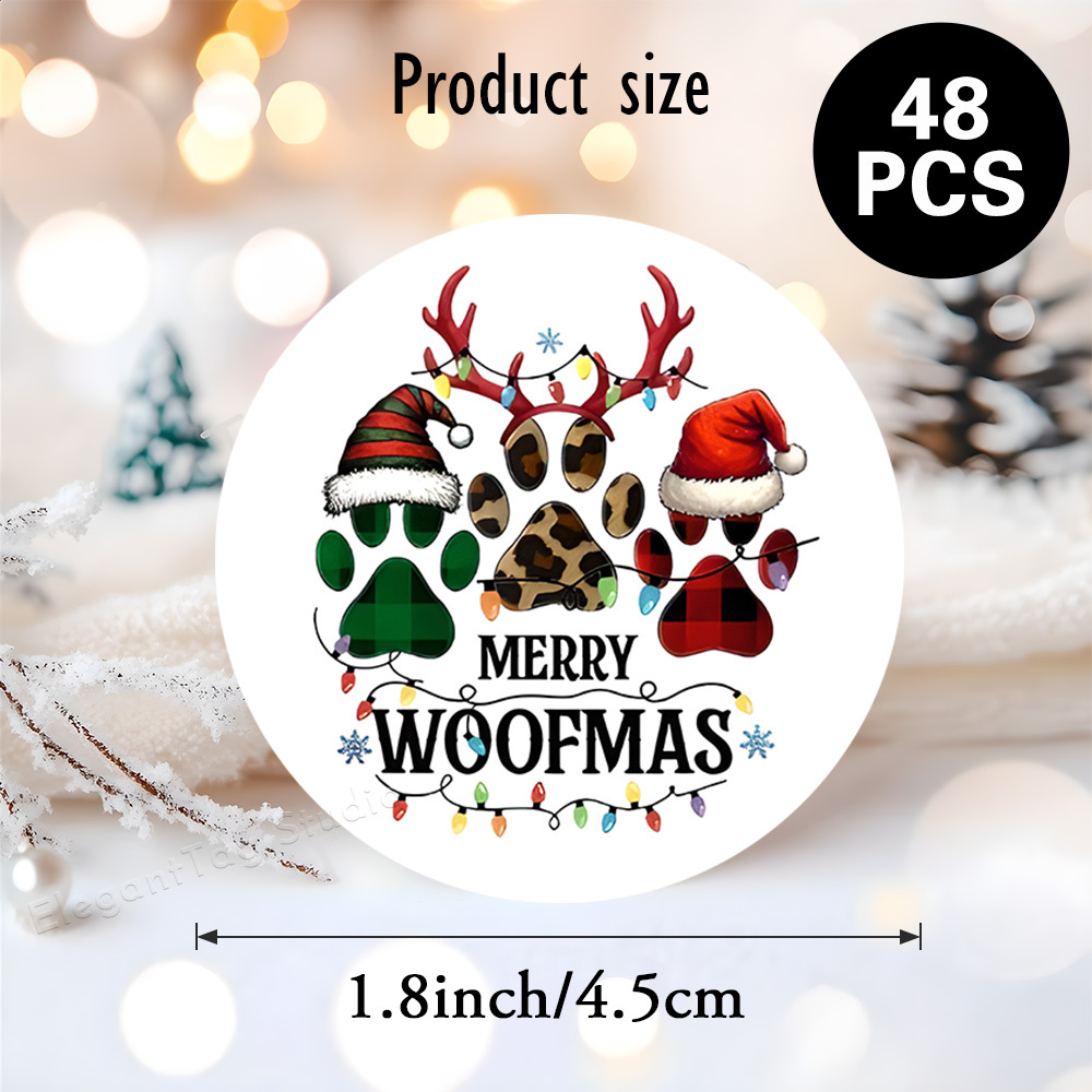 TEMU 48 stuks ronde stickers met de tekst "Merry Woofmas" samen met pootafdrukken, hoorns, hoeden en lichtjes, perfect voor dierenliefhebbers tijdens