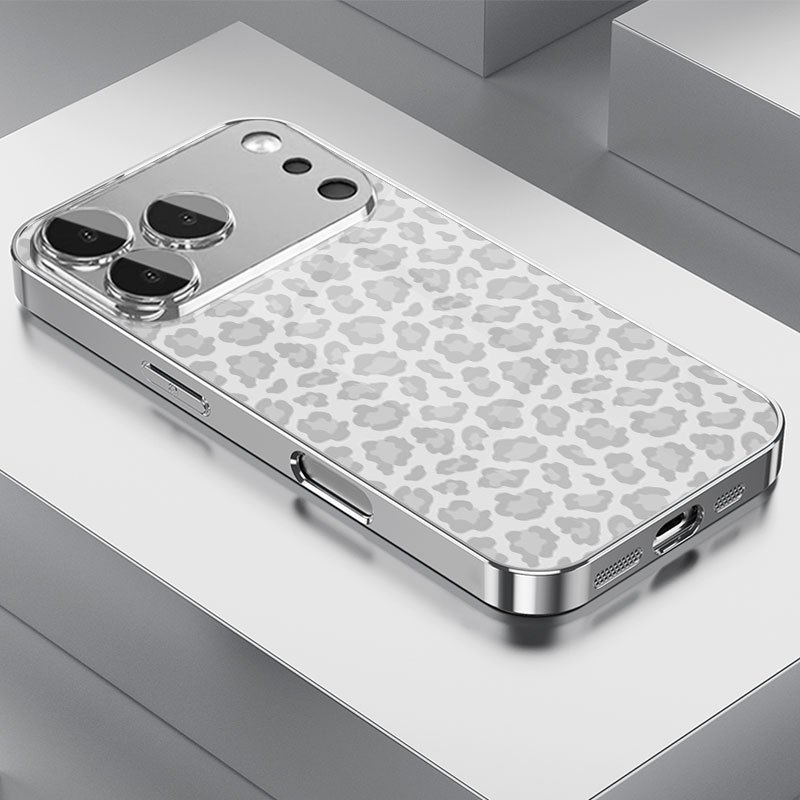 Image of Phone Case: Phone Case - 1 Gray Leopard Print Abstract Pattern Silvery Electroplated Hd Glass Fashion Protective Case For Iphone 17/17 Air/17 Pro/17 Pro Max/16/15/14/13/12 Pro Max/plus