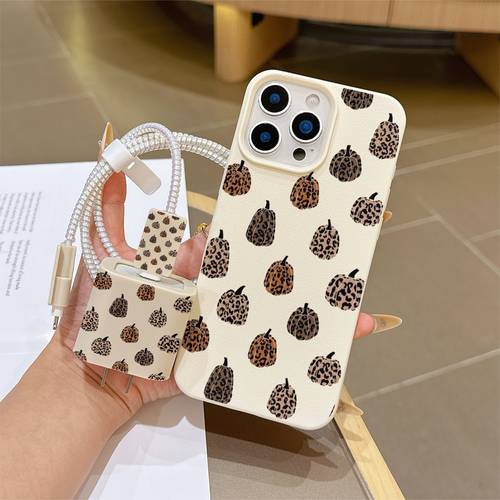 para teléfono: juego de 6 piezas con estampado de leopardo y calabaza, color antiguo, con para cabezal de cargador + protector de cable + cordón de almacenamiento + protector de cable de , de tpu a prueba de caídas para iphone, compatible con