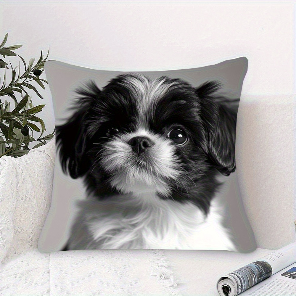 TEMU Shih Tzu Print Cushion, Vintage Style, Size: 45.72 X 45.72cm, Short Plush, Machine Washable, Zipper Closure, Polyester, Suitable For Decorative