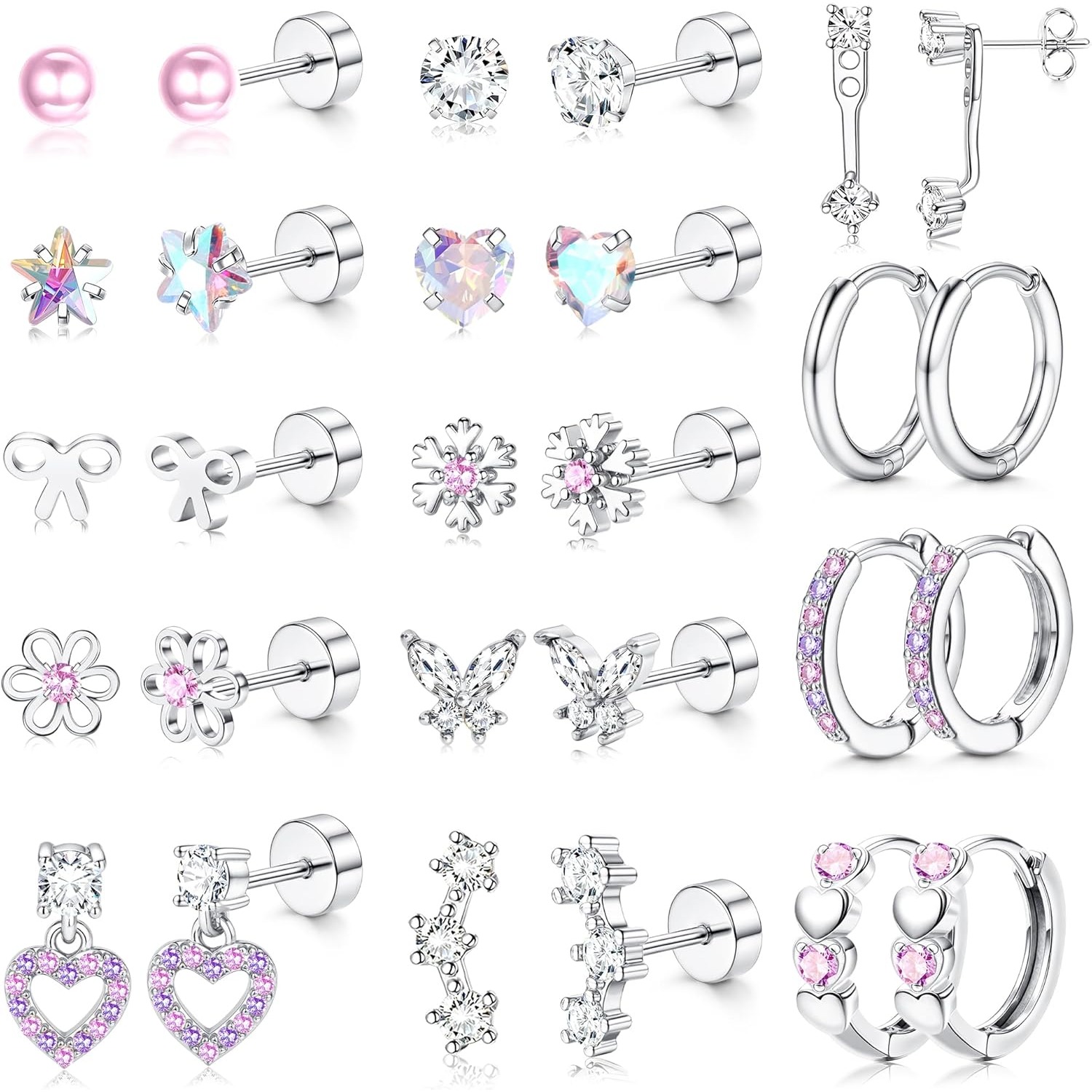 2d Flat - 14pairs Hypoallergenic Flat Back Earrings For Women | Surgical Stainless Steel, 14k Golden Plated, Synthetic Zirconia, Style - Cute Flatback Stud Earring Set, Small Hoops