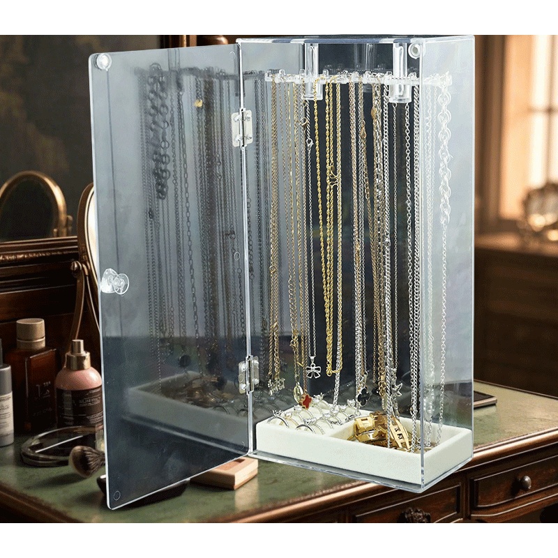 compact size sleek black acrylic jewelry organizer multi compartment necklace and bracelet storage rack with lockable closure fabric lined interior   dresser display jewelry organizer storage jewelry boxes Product details 4