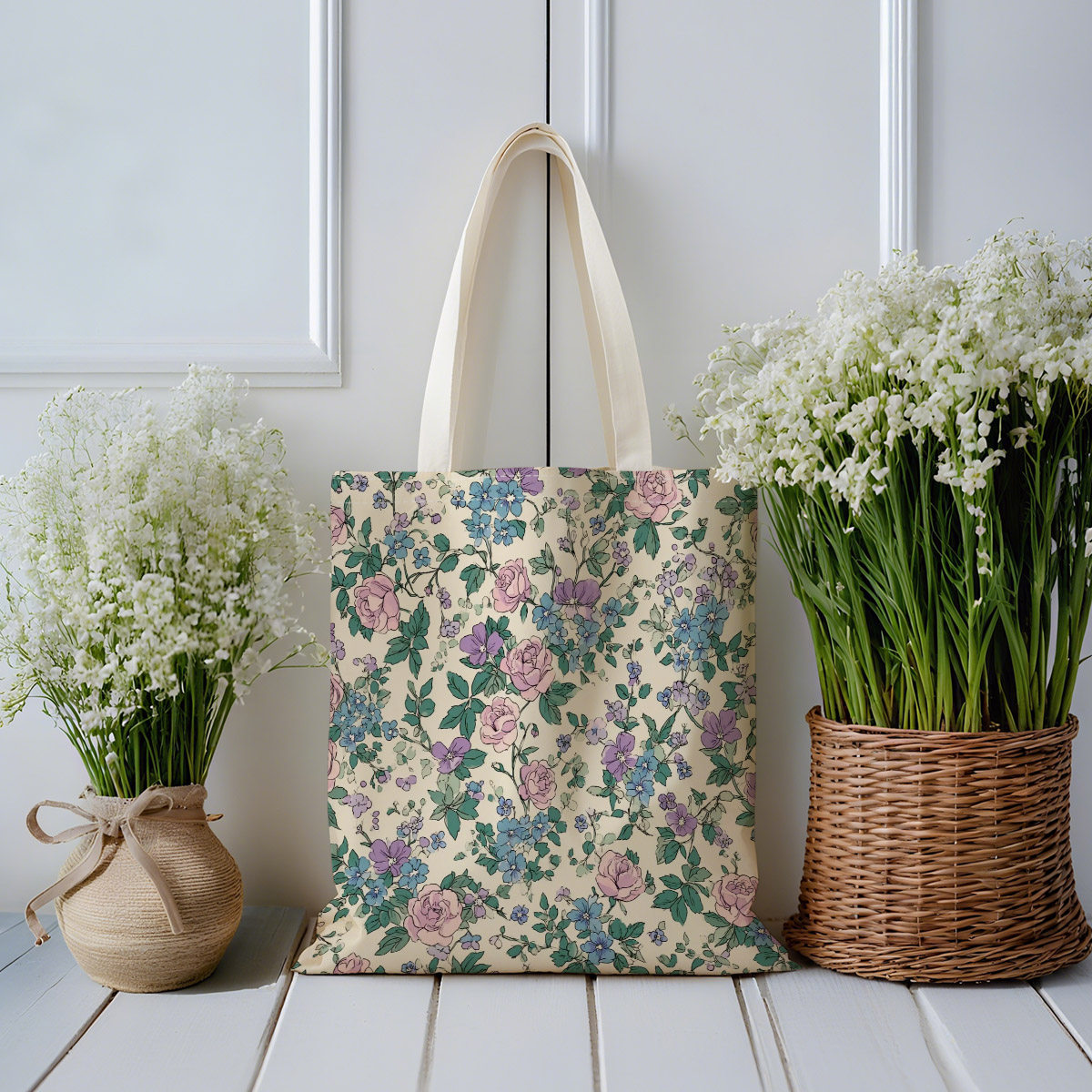 1pc floral canvas tote bag measuring 13 8 by 15 75 inches or 35 by 40 centimeters featuring double sided prints of romantic pastel flowers this printed handbag is   use shopping beach   grocery trips