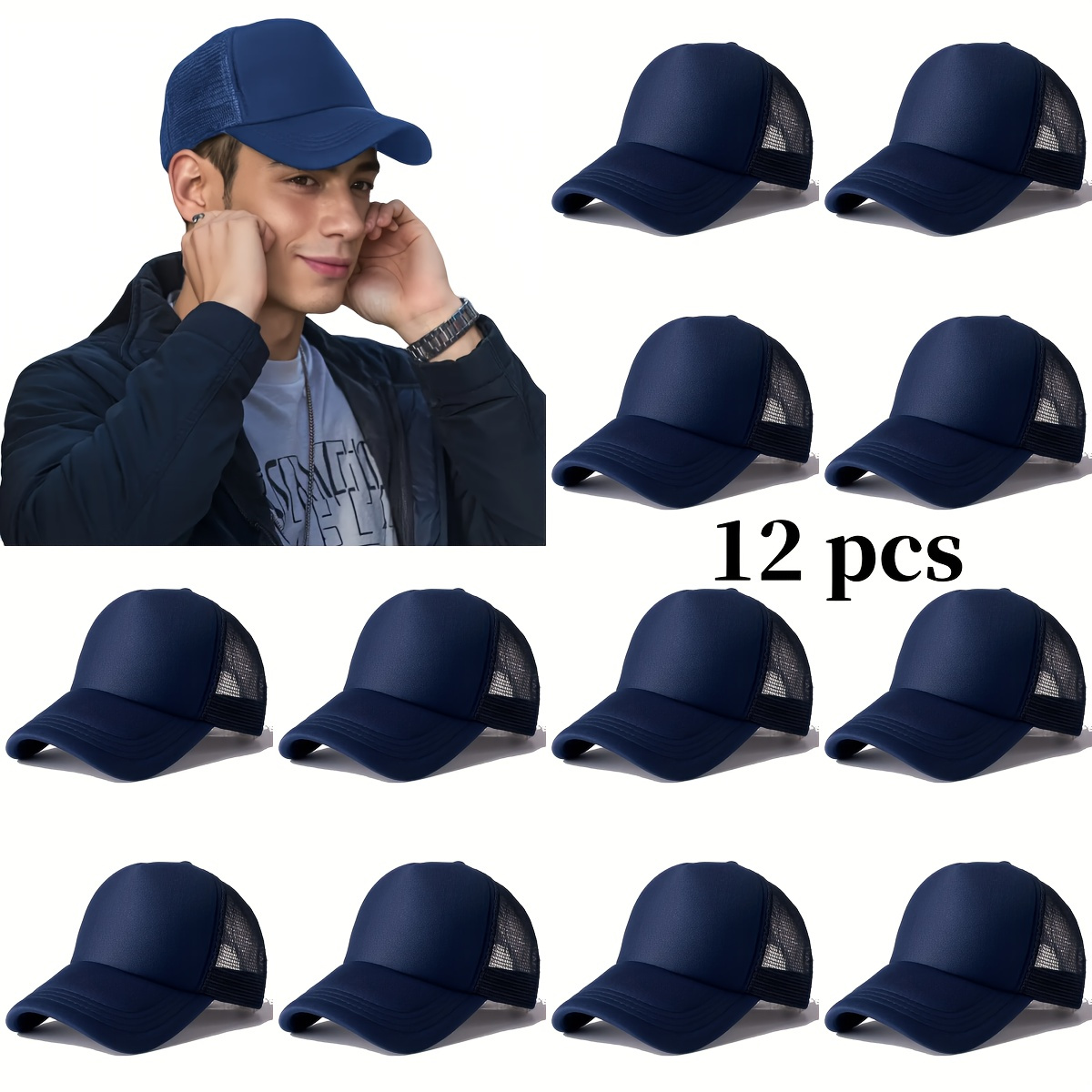 12 Black Baseball Caps, Breathable & Adjustable Fit