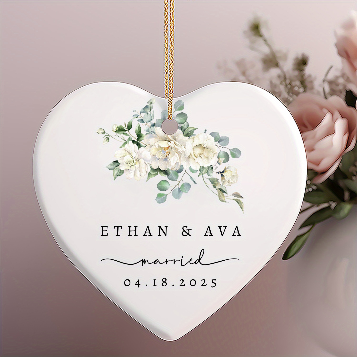 E-shop Personalisiertes Blumen Herzförmiges Ornament für Verheiratete mit Benennung und , Valentinstagsgeschenk für Freund, Geschenk für Sie, Geschenk