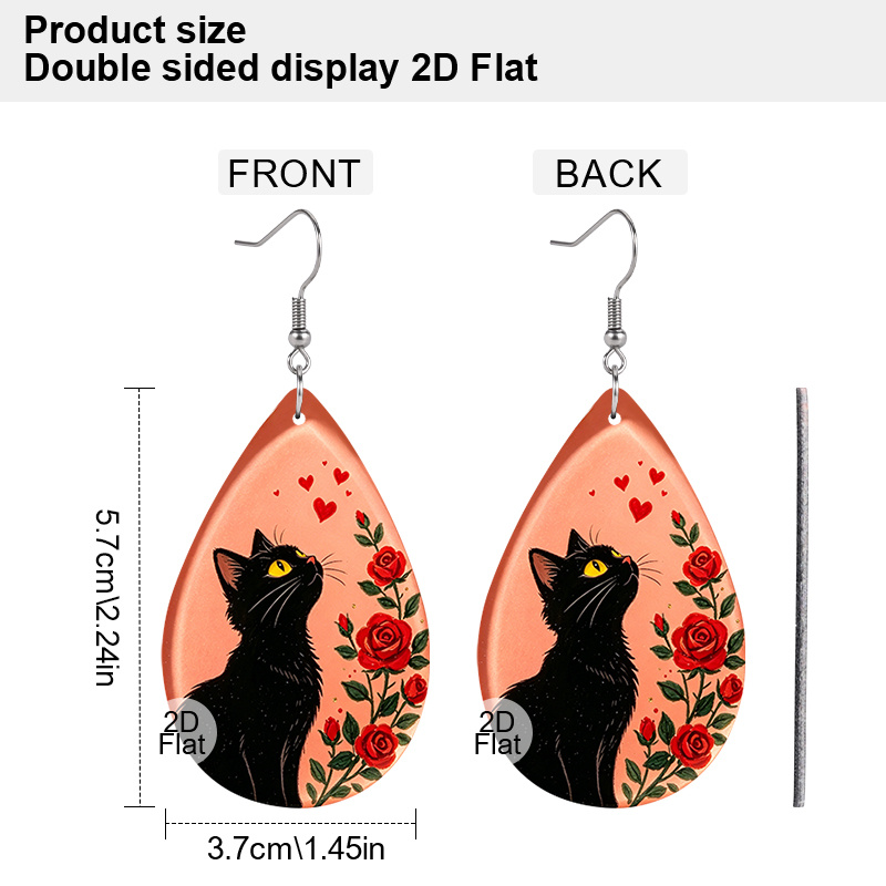 PU Leather Cat Earrings with Red Rose & Black Cat Design