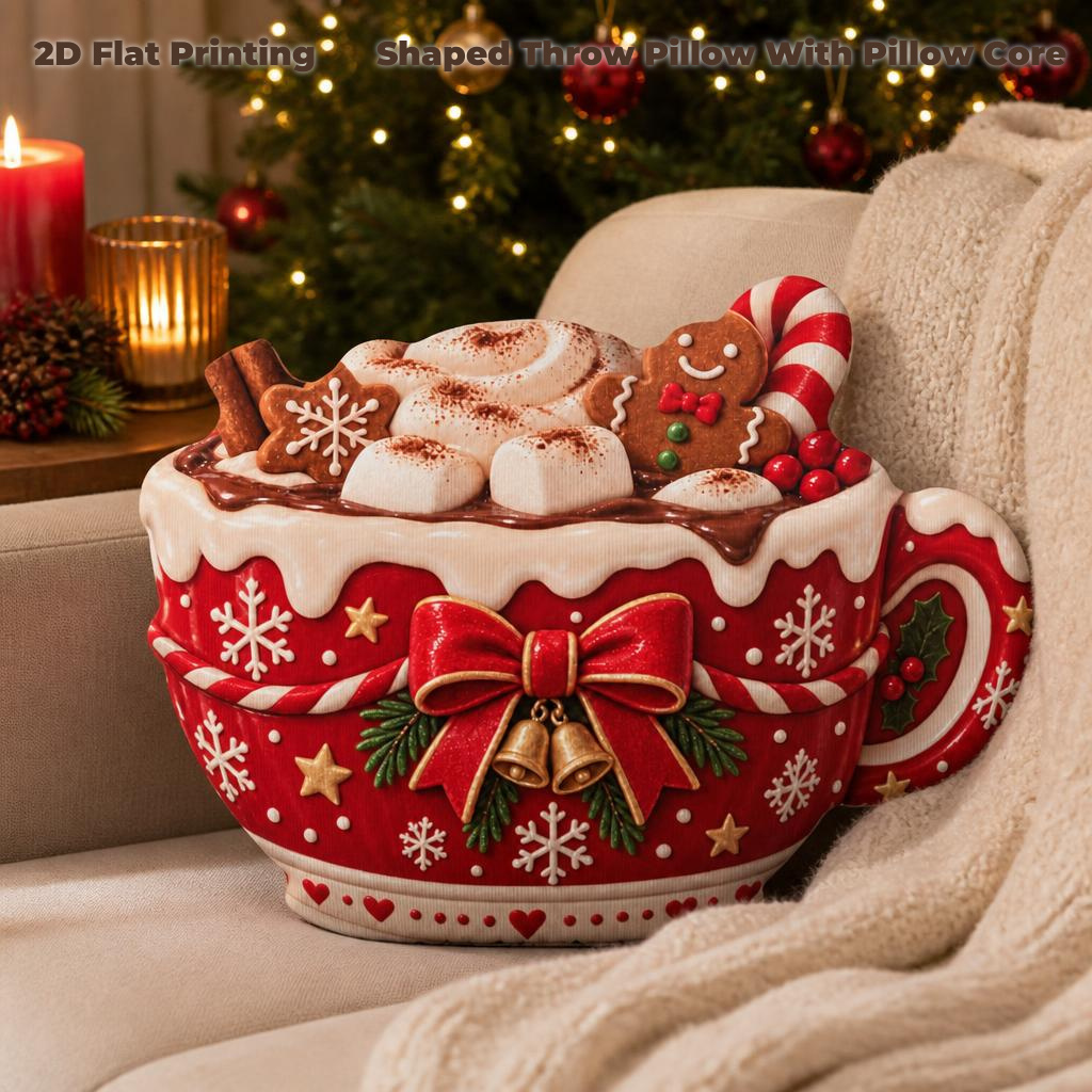 TEMU Tasse de Chocolat Noël Guimauve Bonbon Guirlande de Noël , Impression Plate 2D Coussin Décoratif Rembourré pour Cadeau Chambre Canapé Décoration