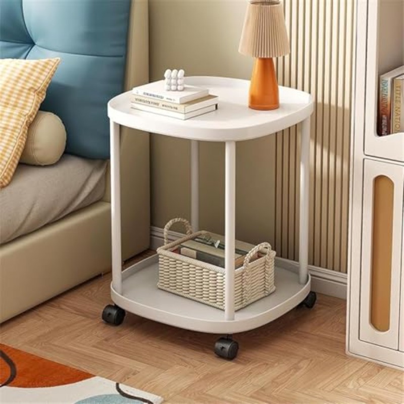 item picture End Table 2 Tier Side Table for Living Room Folding Round Plastic End Table Small Nightstand Accent Side Table with Wheels Portable Side Table for Bedroom Kitchen Sofa White
