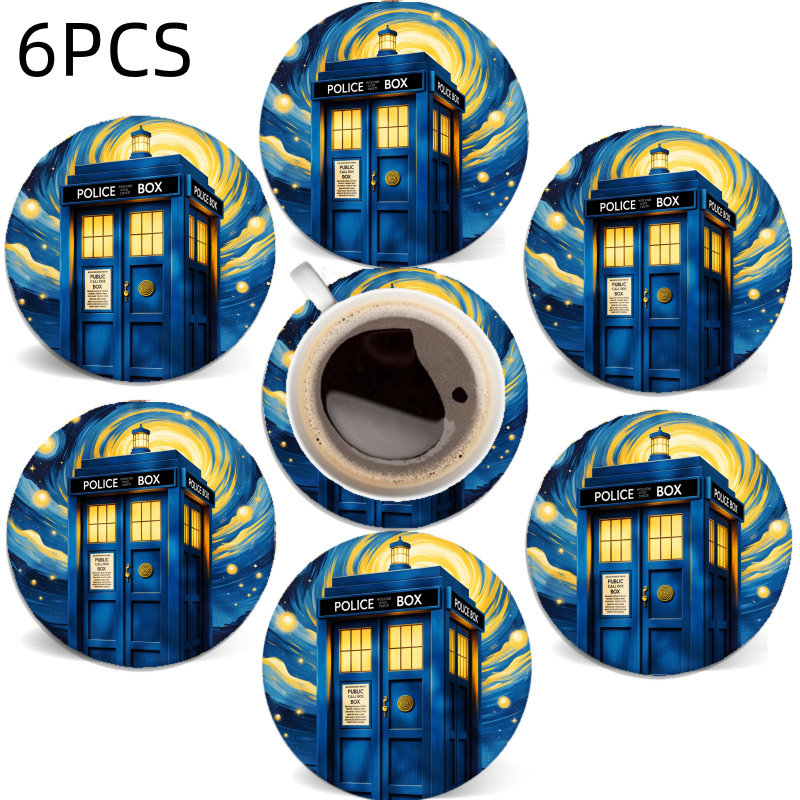 TEMU 6-pack 4-inch Police Box Blue Wooden Round Heat-resistant Coasters Kitchen Table Decor Valentine's Day Easter Perfect Gift 2d Flat Design