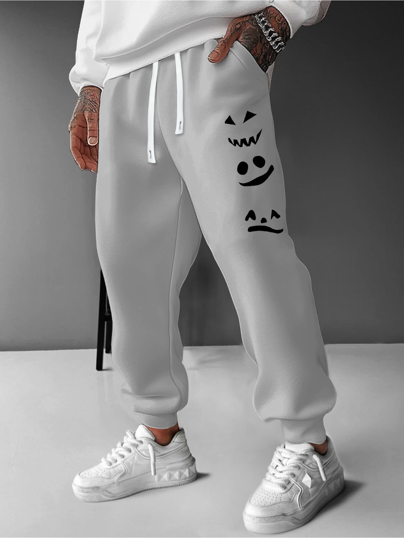 Fleece Lined Mens Cotton Sweatsuits Print Sweatpants Drawstring