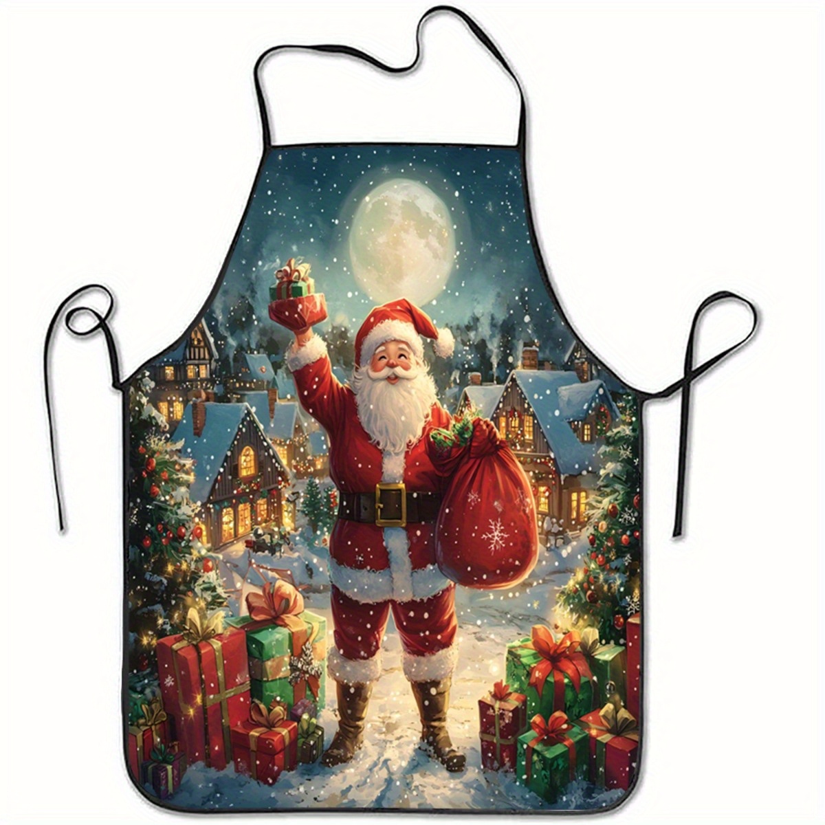 TEMU 1 Ultra- Christmas Apron! Features A Santa Claus Pattern With Gift Houses And A Moon, Baking And Other Holiday Scenes. Practical And Festive.