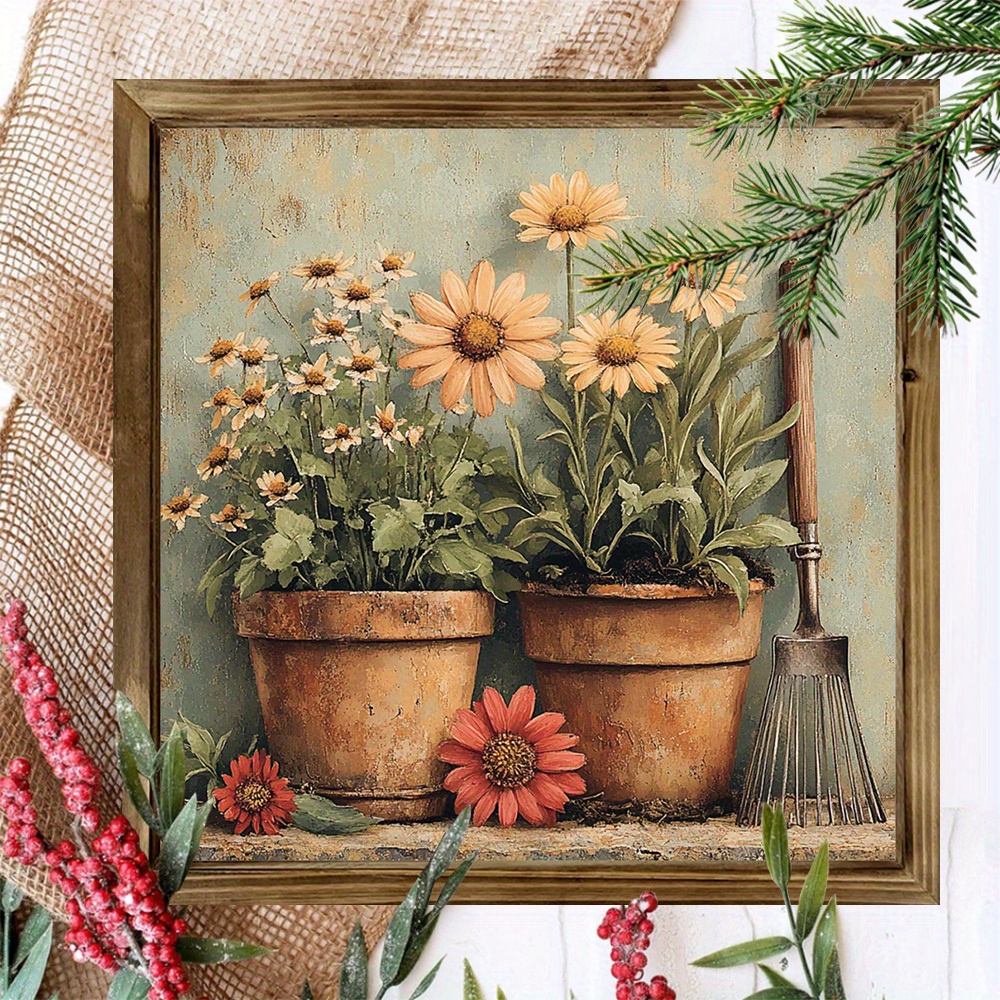 TEMU Rustic Farmhouse Garden Art Canvas - 8x8" Framed Wood Sign With Vibrant Daisies & Sunflowers, Rustic Teal & Brown Floral Wall Decor For Home,