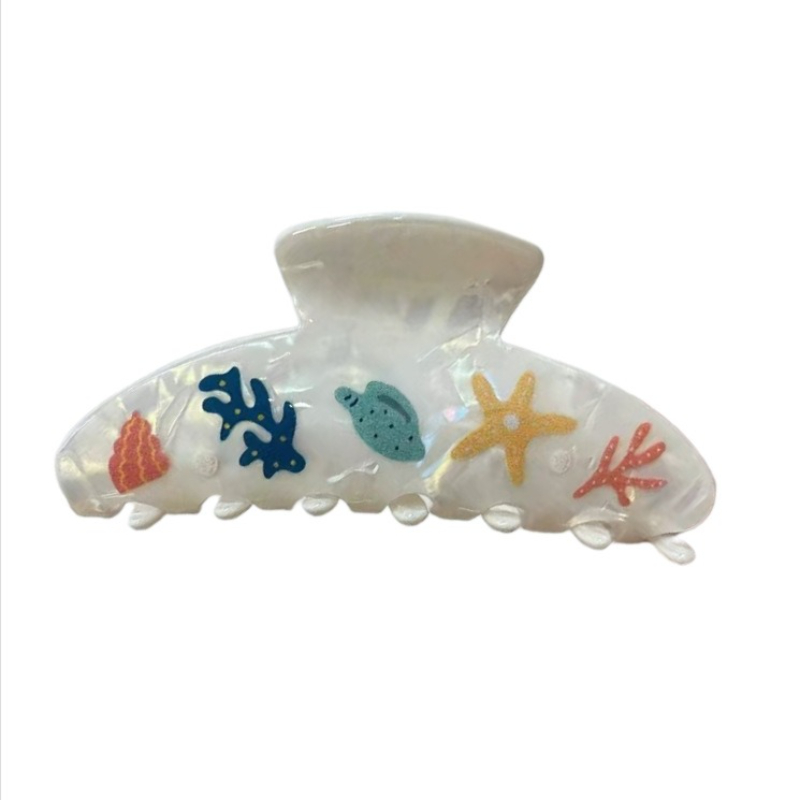 TEMU 1pc Aesthetic Ocean Themed Large Hair Claw Clip Set For Thick Long Hair, Shimmer Iridescent Dolphin Starfish Shell Print Hair Jaw, Secure