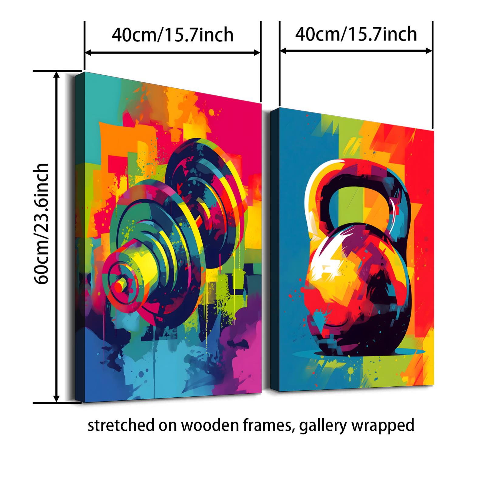 TEMU 2pcs Vibrant Gym Artwork With Wooden Frame - Colorful Dumbbells & Kettlebells Motivational Wall Decor, Waterproof Canvas Posters For Home Gyms,