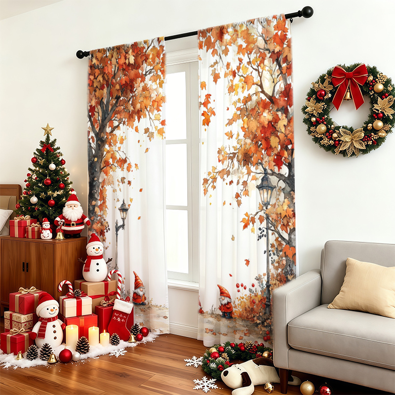 TEMU Set Of 2 Floral Sheer Chiffon Curtains - Decor For Halloween, Christmas, And Thanksgiving; Semi-transparent With Digital Prints; Rod- For Living