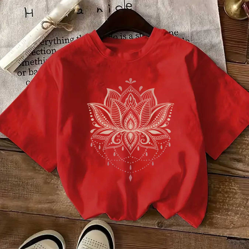 

1pc Women's Floral Mandala Letter Print T-shirt, Short Sleeve Crew Neck Casual Top, Knit Polyester Fabric, Fashion Clothing