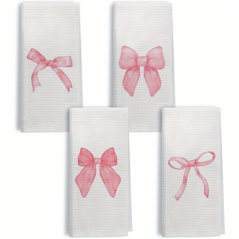 

4pcs Polyester Kitchen & Bathroom Towels, 18x26 Inches - Design With Ribbon Detail, Machine Washable For , Kitchen Towels