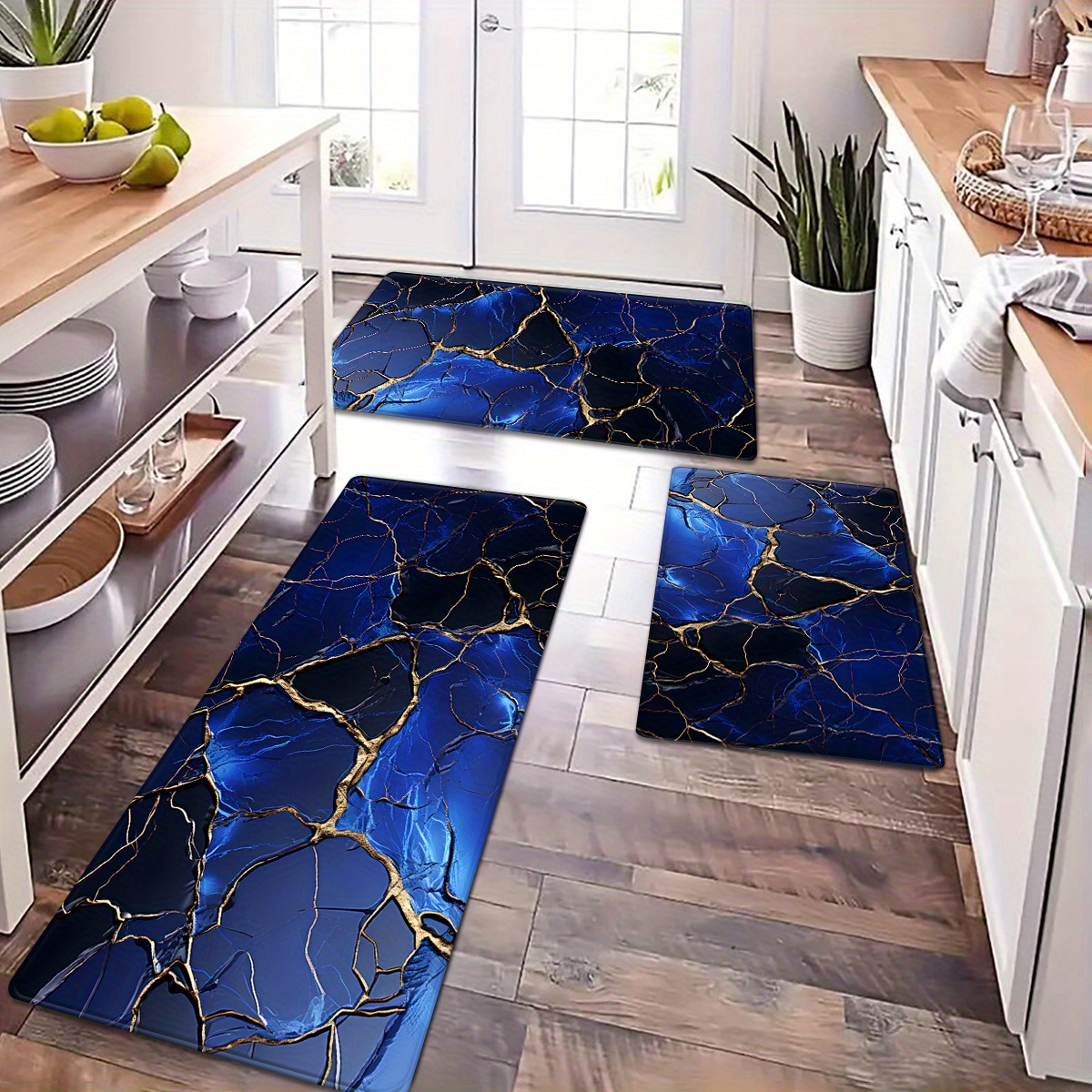 TEMU 1pc/2pcs/3pcs Light Blue Marble Patterned Long Runner Mat Suitable For Kitchen, Bathroom Entrance, And Laundry Room Decor