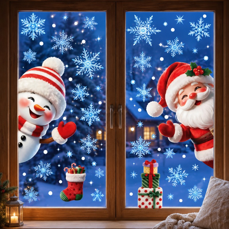 TEMU 4pcs Christmas Static Window Stickers, Cute Snowman Santa With Gift Stocking And Crystal Snowflake Decals, Removable Reusable Xmas Window Clings