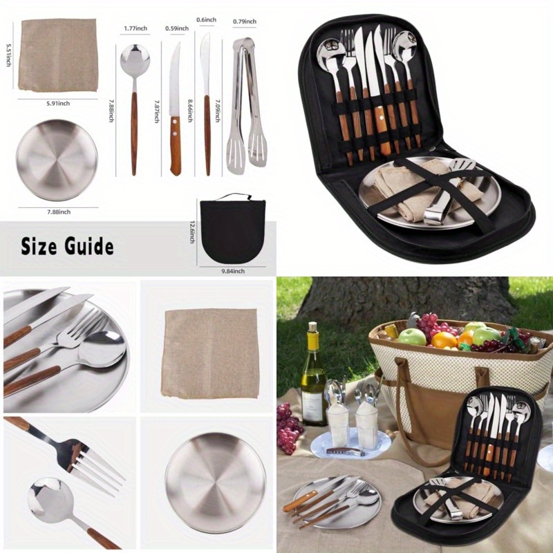 new wood grain handle tableware mess kit cutlery for 2 dinnerware set 12pcs stainless steel utensils set with plate spoon fork serrated knife cloth napkins for 2backpacking outdoor hiking picnic Product details 0