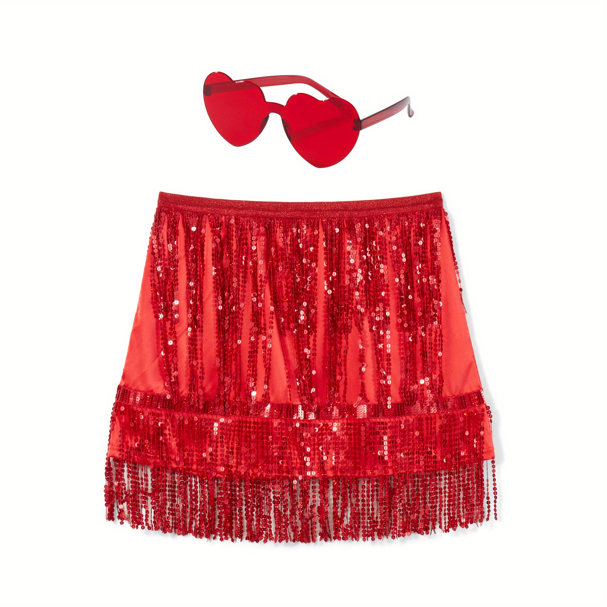 Women'S Hot Cowboy Sequin Sparkly Skirt Set of 2, Mini Fringe Skirt Heart  Glasses for Rave