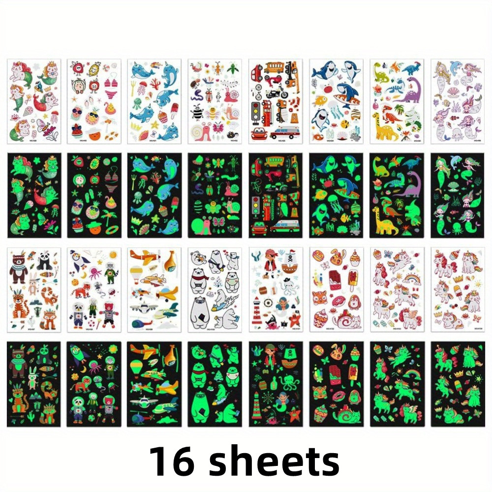 Image of 16 Sheets Luminous Kids Temporary Tattoos Mixed Styles Glow In The Dark Tattoos Fake Tattoo Stickers For Boys And Girls
