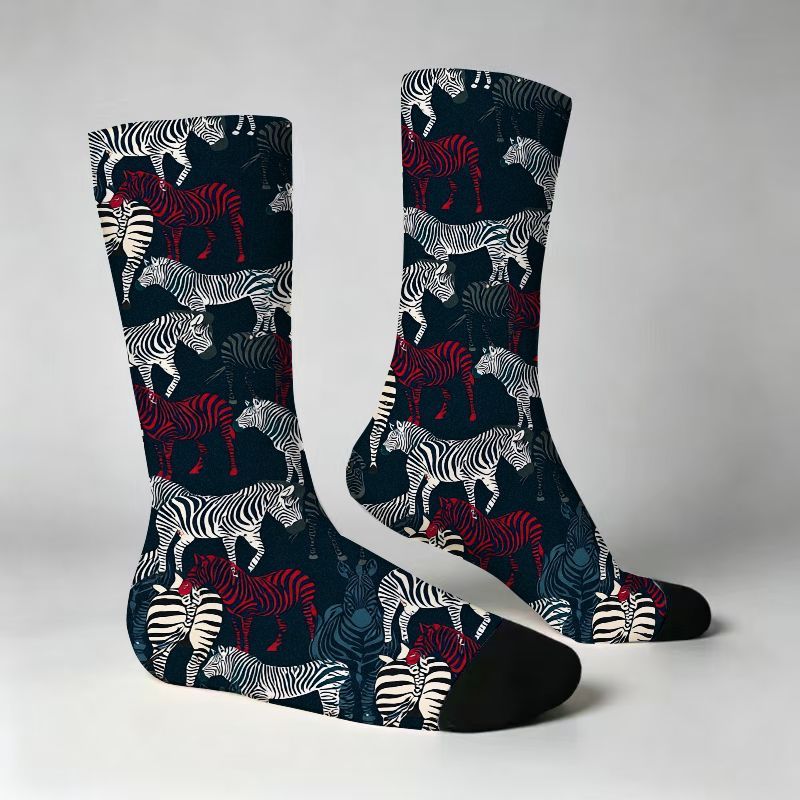 TEMU Zebra Print Crew Socks, Navy Blue Black And Red Animal Pattern Casual Socks For Men Women, Soft Breathable Comfortable Knit Footwear With Solid