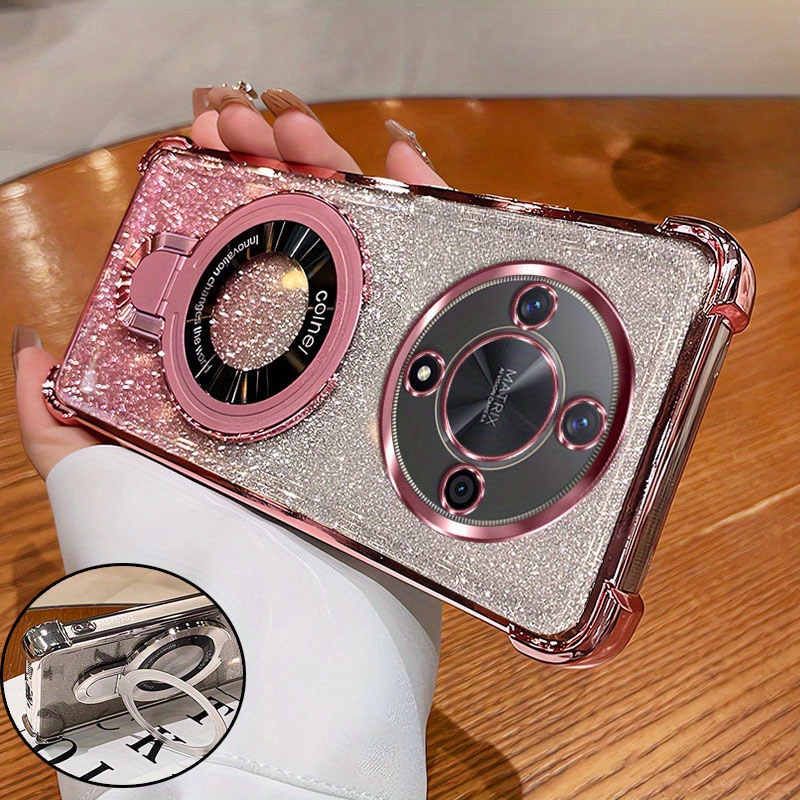 TEMU Étui pour Honor Magic 5 Lite / Magic 6 Lite - Support Magnétique, Plaqué Pailleté Luxueux, Airbag Souple Transparent, Coque Antichoc avec Bumper