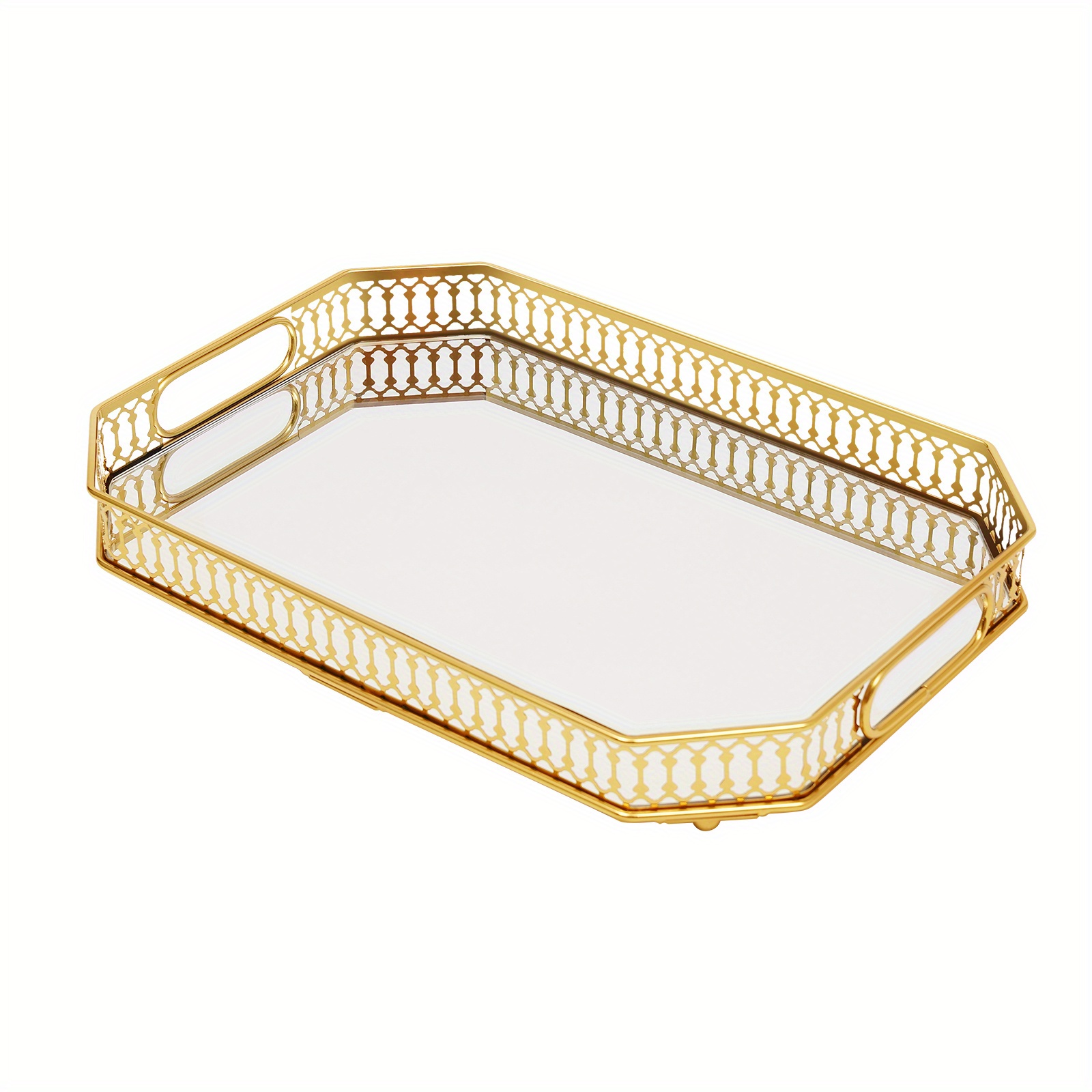elegantes goldenes serviertablett - opulentes rechteckiges deko-tablett aus metall und   mit griffen, 35 cm (13.8) schminktisch-organizer für schmuck, parfüm, getränke & heimdekoration,   geschenkidee, schmucktablett