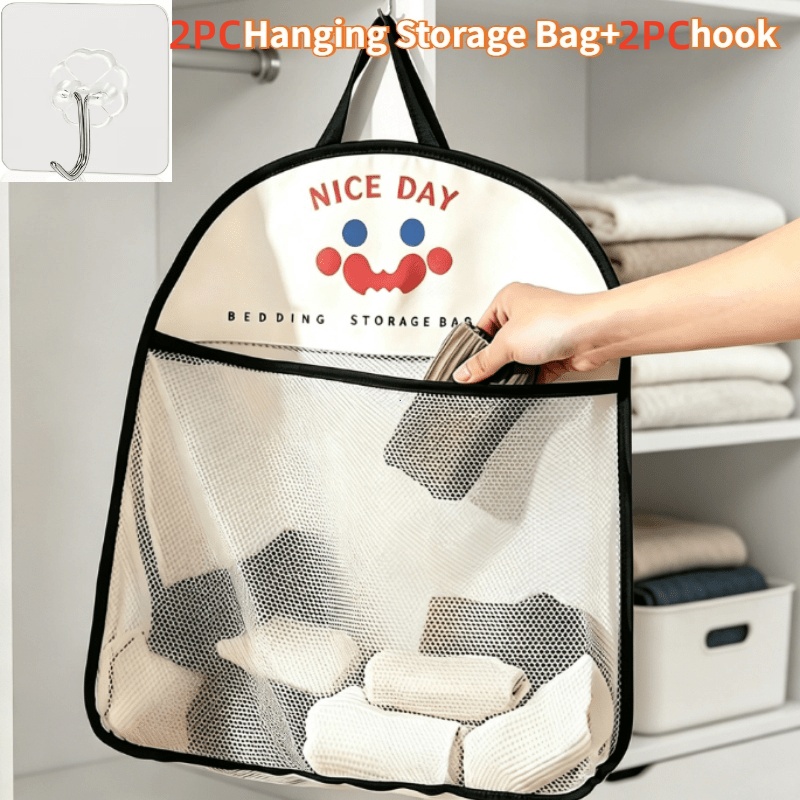 TEMU 4pcs (2pcs Hanging Storage Bags And 2pcs Hooks) Hanging Net Storage Bag Set, With Hooks, Cute Animal Pattern Breathable Foldable Wall Storage