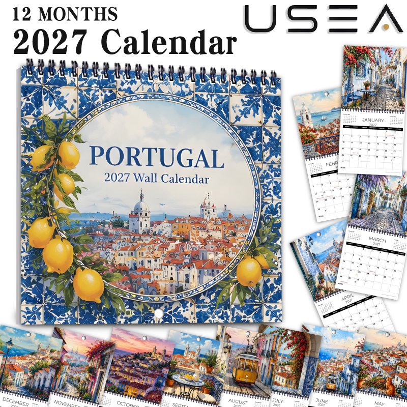 TEMU 2027 Large Wall Calendar Planner - 12-month Monthly With Twin Wire Spiral Binding, Portugal Scenic Prints & Large Blocks Suitable For, Office,,