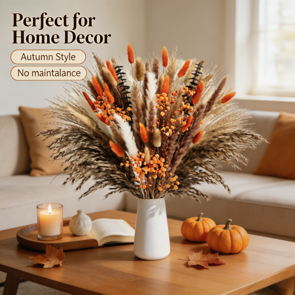 Image of 130pcs Dried Flower Bouquet, Dried Pampas Grass With Baby' S Breath And Eucalyptusleaves For Fall Vase Setups Wedding & Party Decor Seasonal Accents