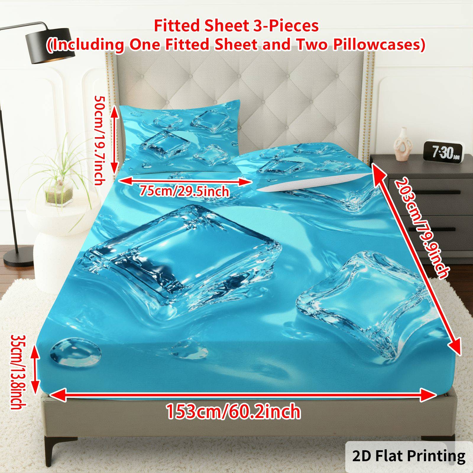 TEMU 2d Flat Printing 3pcs Ice Cool Minimalist Style Fitted Sheet Three-piece Set (1 X Fitted Sheet And 2 X Pillowcases, ), Summer Theme, Cooling