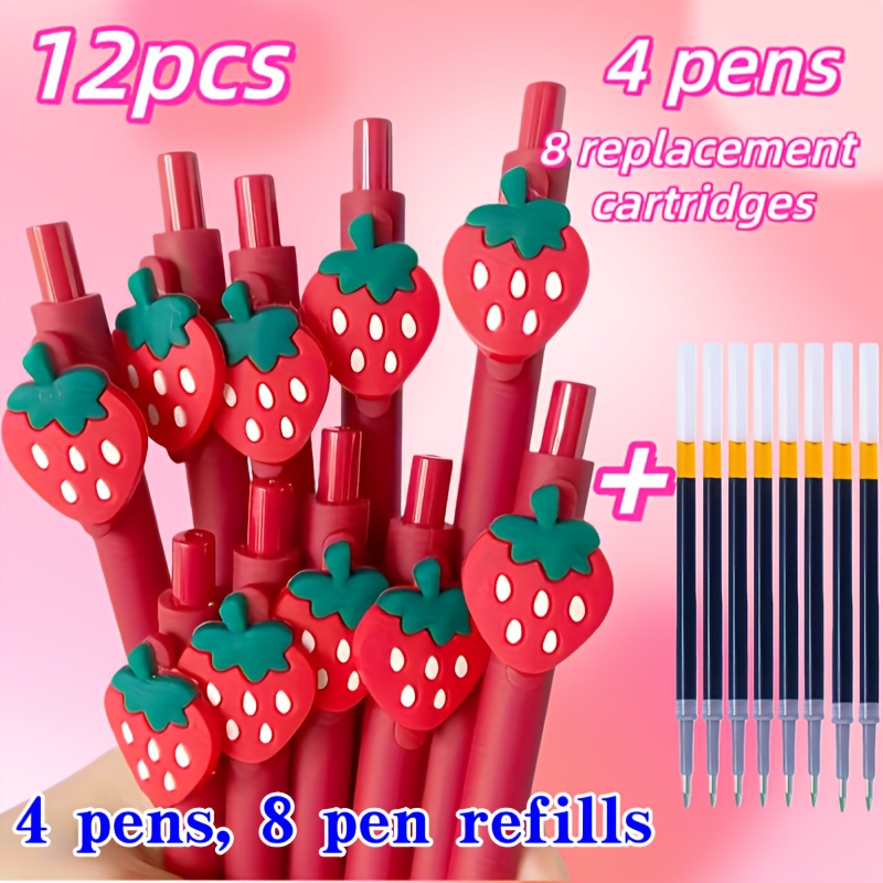 12pcs Sweet Strawberry Ballpoint Pen Set, (4 Pens + 8 Refills) 0.5Mm Fine Point Black Ink Retractable Gel Pens, Smooth Writing, Cute Red Strawberry Design, Suitable for School Stationery, Office, Journaling And Gifts