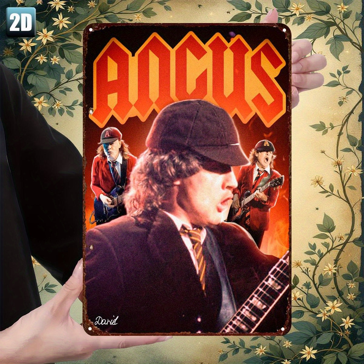 TEMU 2d Flat - A 2d Flat Metal Sign Showcasing Angus, Electric Guitarist, . It Measures 8x12 Inches (20x30 Cm) And Is Ideal For Decorating