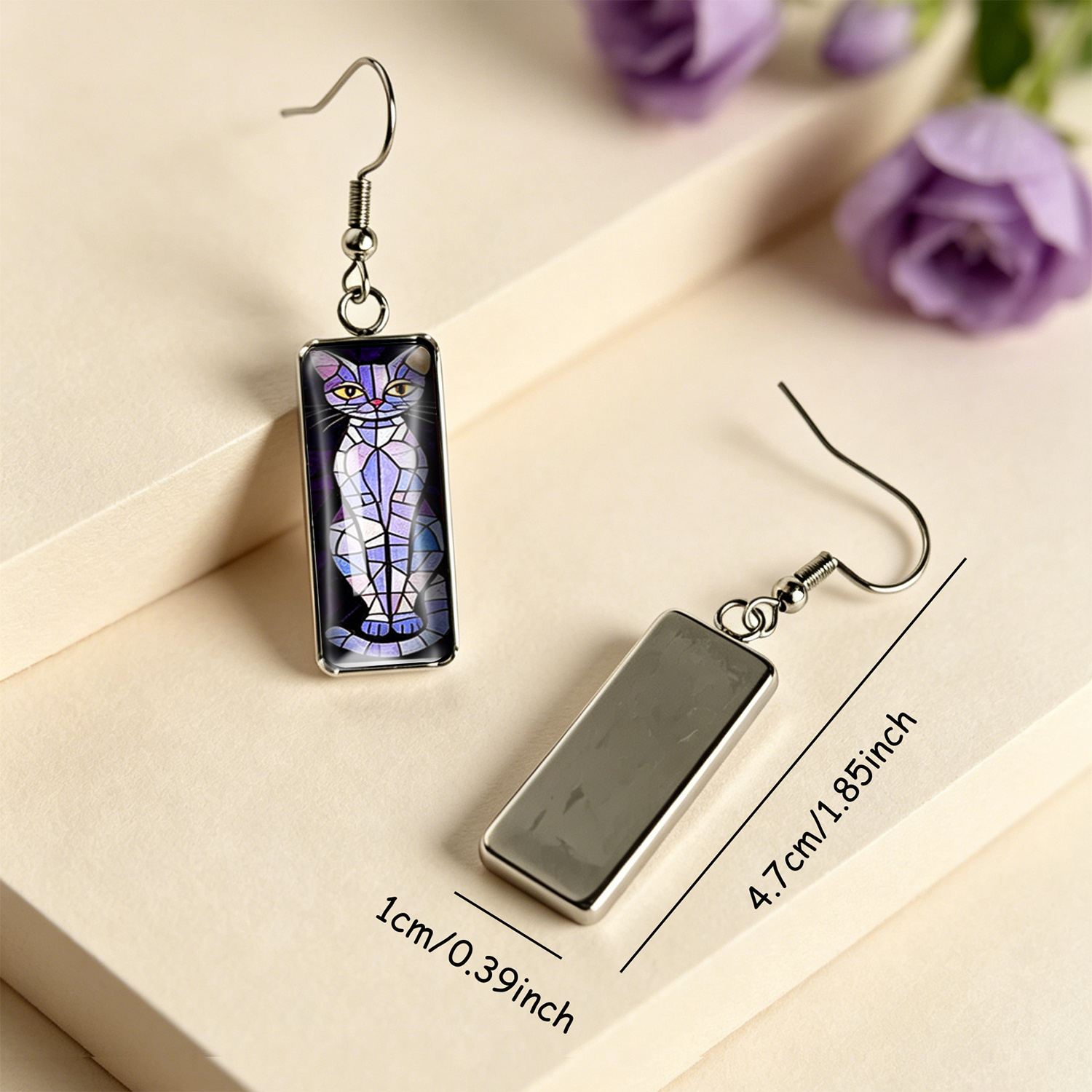 Retro Cat Stained Glass Rectangular Time Gem Earrings