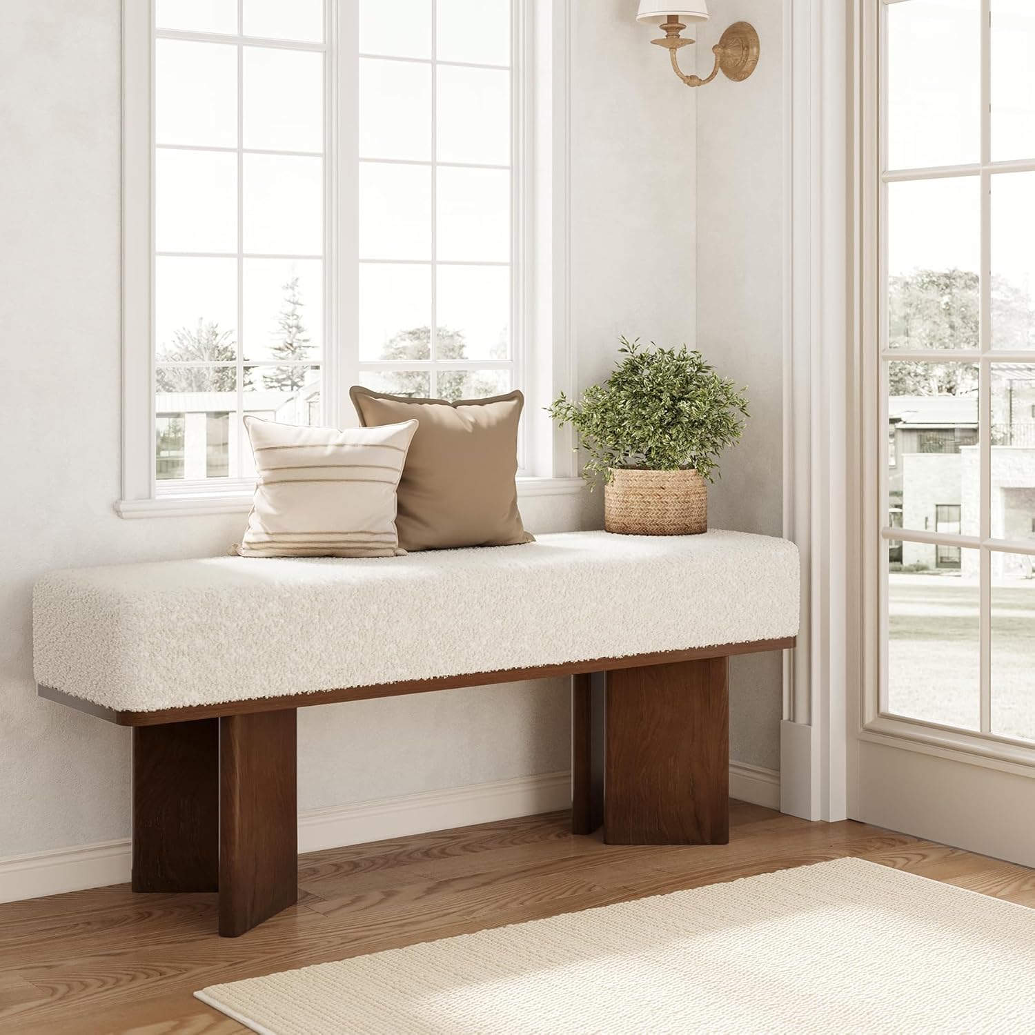 47-inch Retro Modern Bench With Cushion Suitable For Entryway, Bedside, Hallway - Ivory Tufted Upholstered & Brown Base, Long Bench For Living Room, Dining, Bedroom Furniture, Wooden Pedestal