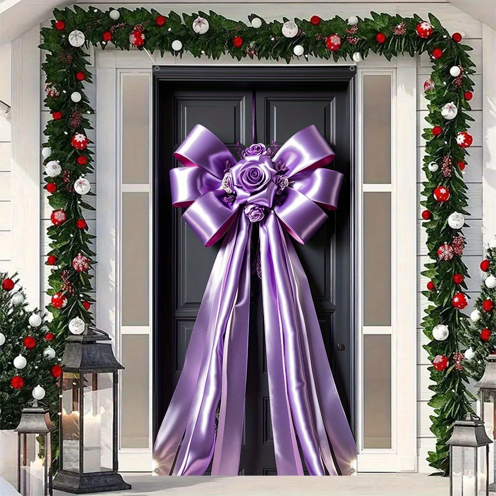 

1pc Extra Large Purple Polyester Door Bow With Floral Accents, Indoor/outdoor Decoration For Christmas, Valentine's Day, Parties, And Home Decor, No Electricity Needed