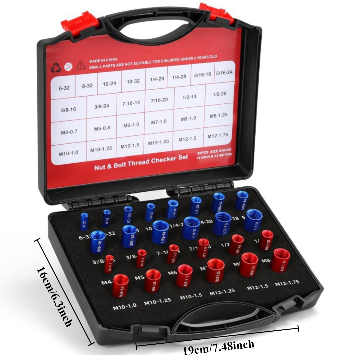 Juego de 26 piezas para verificar el hilo de tornillos y tuercas - Identificación precisa de tamaños SAE y métricos, medidor de identificación de tornillos y tuercas, kit esencial de hardware para mejoras del hogar para entusiastas y profesionales DIY, caja de aluminio