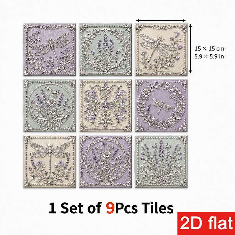 TEMU 2d Flat 9pcs 15x15cm (5.9x5.9in) Slate Tile Stickers Decorative - Peel And Stick Wall Tiles With Vintage Floral & Dragonfly Pattern In Lavender