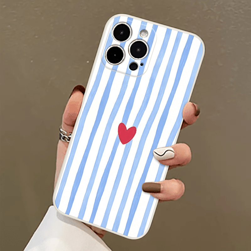 TEMU Coque de téléphone : Étui à imprimé cœur rouge à rayures bleues, housse de transparente -chute, compatible avec iPhone 17 Pro Max/17 Pro/17/16