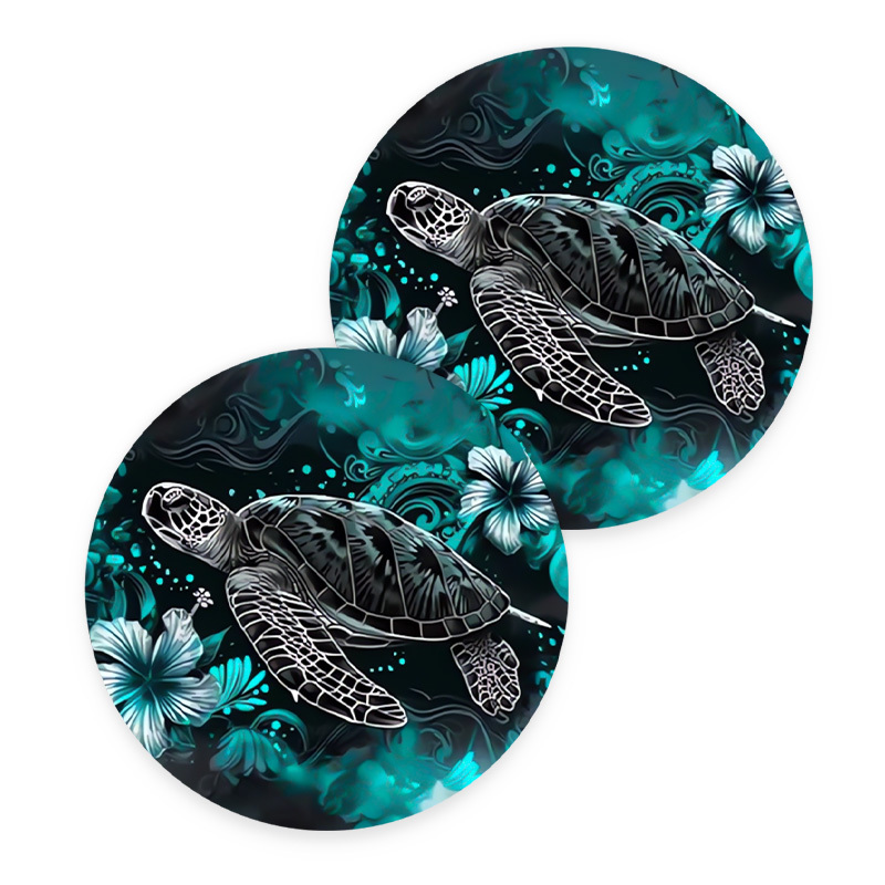 Image of 2pcs Turtle Pattern R Car Coasters, 2.75 Inch Beverage Holders With Vibrant Teal & , Home, Restaurant Decor, Party Favors & Summer Themes, Turtle Decor
