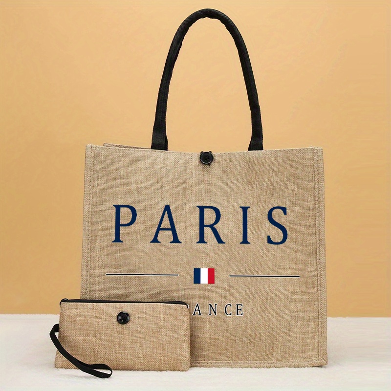 2pcs elegant durable linen tote bag coin purse paris france design with tricolor flag detail large capacity work shoulder bag fixed shoulder straps and matching cosmetics pouch for womens tote bags professional one shoulder commuter handbag 0