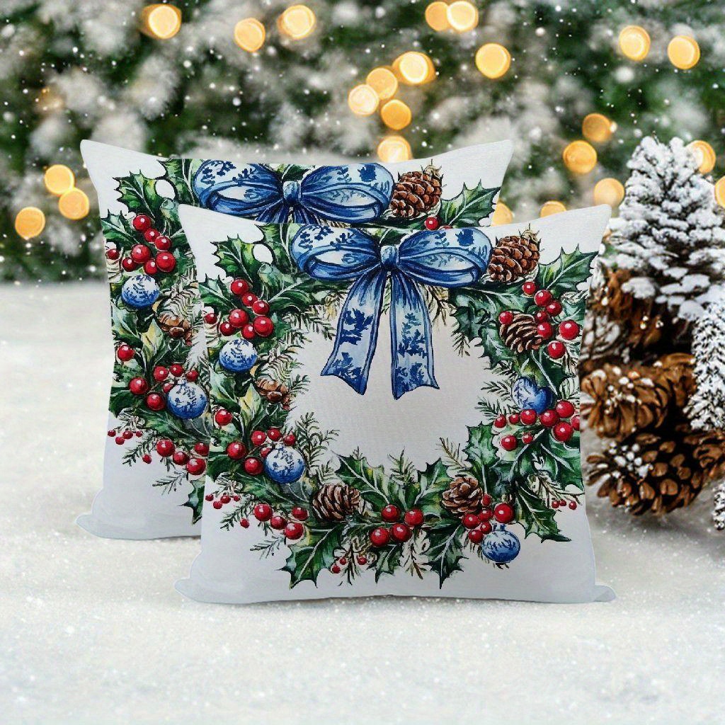 

2pcs Traditional Chinoiserie Christmas Wreath Pillow Covers, 18x18 Inch, Blue And White Holiday Design With Red Accents, Machine Washable, Zippered Polyester Cushion Cases For Home Decor