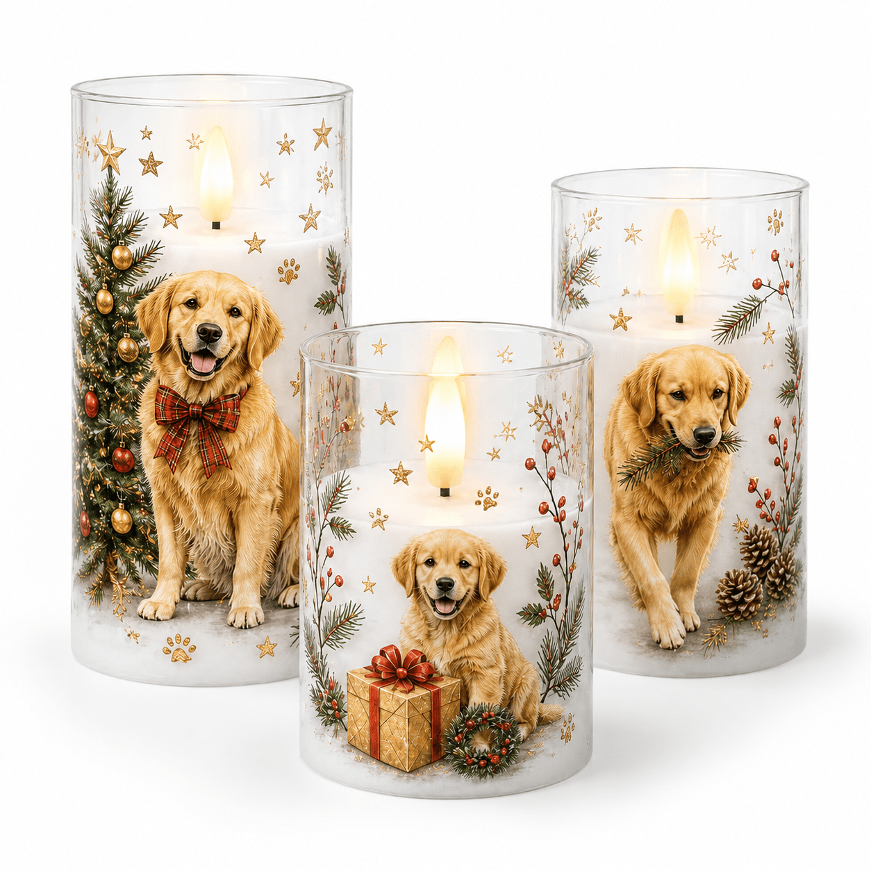 TEMU 3pcs Christmas Golden Retriever Flameless Candle Lights, Dog, Christmas Tree, Gift Box, Pine Branch & Pine Cone Printed Warm Light Candles For
