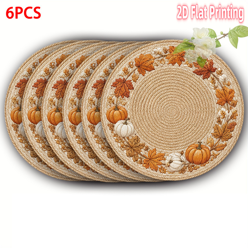 Image of 4-6-8pcs 2d Printed Placemats Rustic Pumpkin Leaf Beige-15 Inch Polyester Table Mats, Decor For Home, Wedding, Anniversary, Festival, Banquet And Party