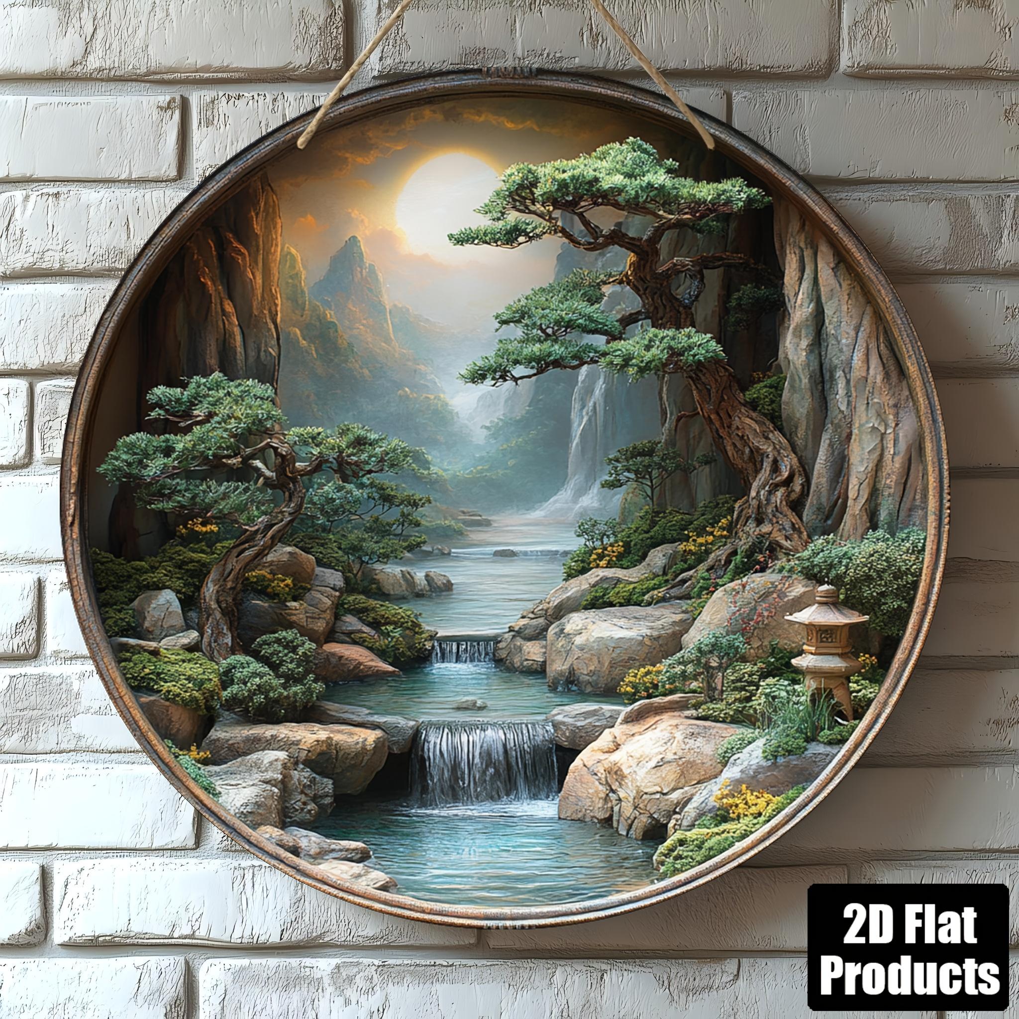 TEMU 2d Flat Wooden Print 1pc, Round Wooden Decorative Sign, Retro Japanese Garden Pond Theme, Suitable For Bar Kitchen Room Living Room Office