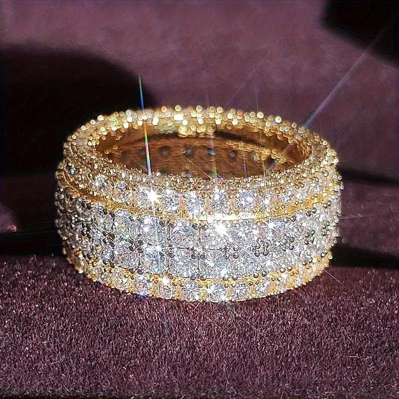 E-shop Exquisite Vollbesetzte Synthetische Zirkonia Breite Ringe Luxuriöse Goldene Hochzeitsringe Schmuck für Frauen