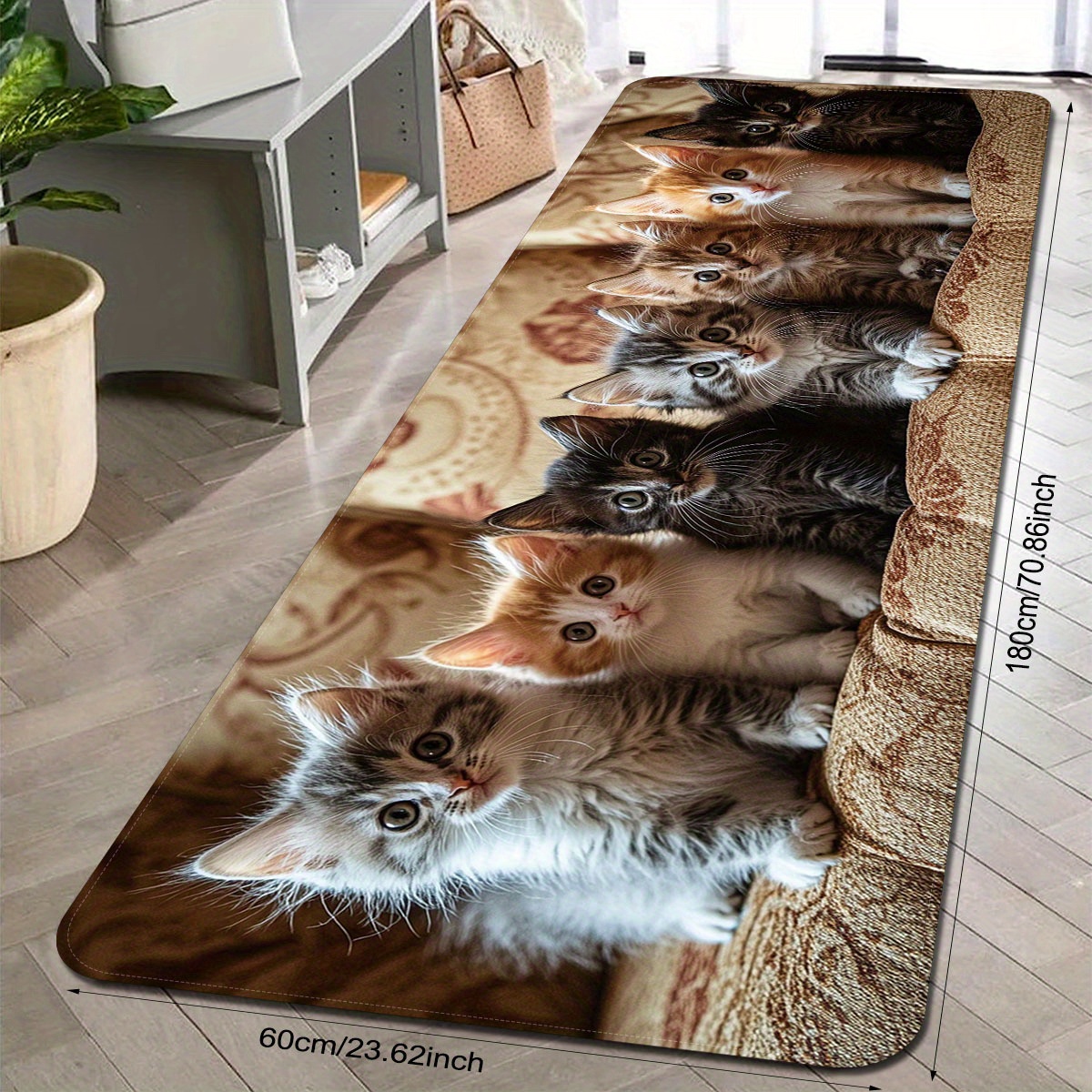 Image of 1pc Kitchen Area Rugs, Creative Kitten Element Pattern Printed Rugs, Polyester Non-slip Floor Mats, Indoor Outdoor Entrance Floor Doormats Kitchen Floor Mats Foot Mats
